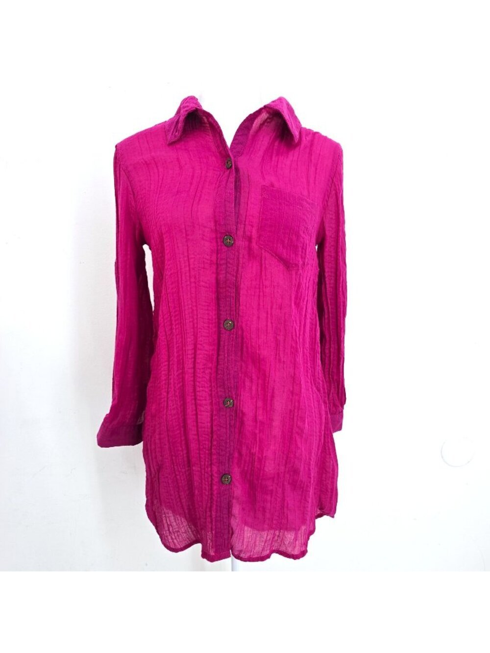 Mynah Burgundy Pink Gauzy Roll Tab Button Front Shirt Dress Women Size S
